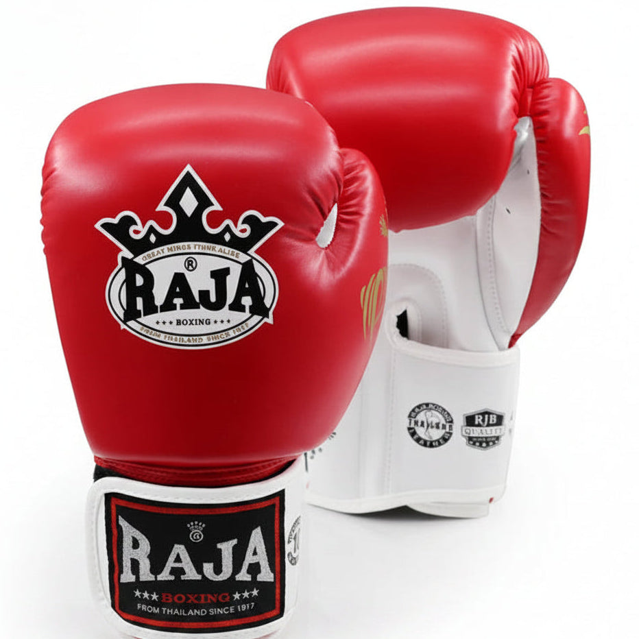 Red and white boxing gloves with Raja Boxing logo on a white background