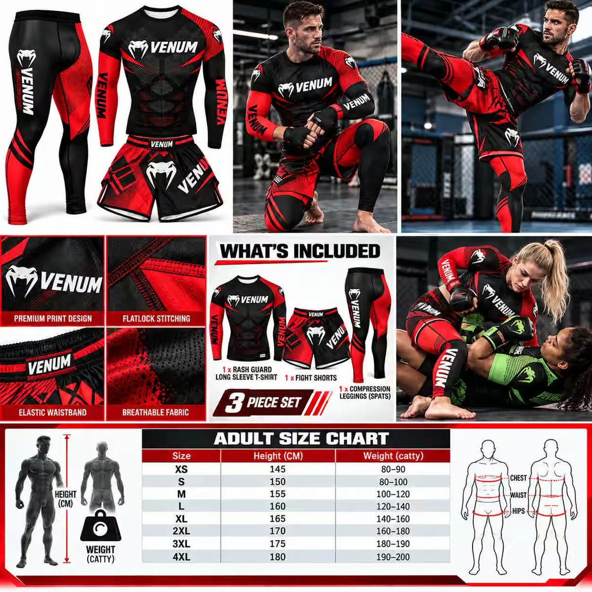 Men’s MMA & BJJ 3-Piece Rash Guard Set – No-Gi Grappling & Muay Thai Training Gear
