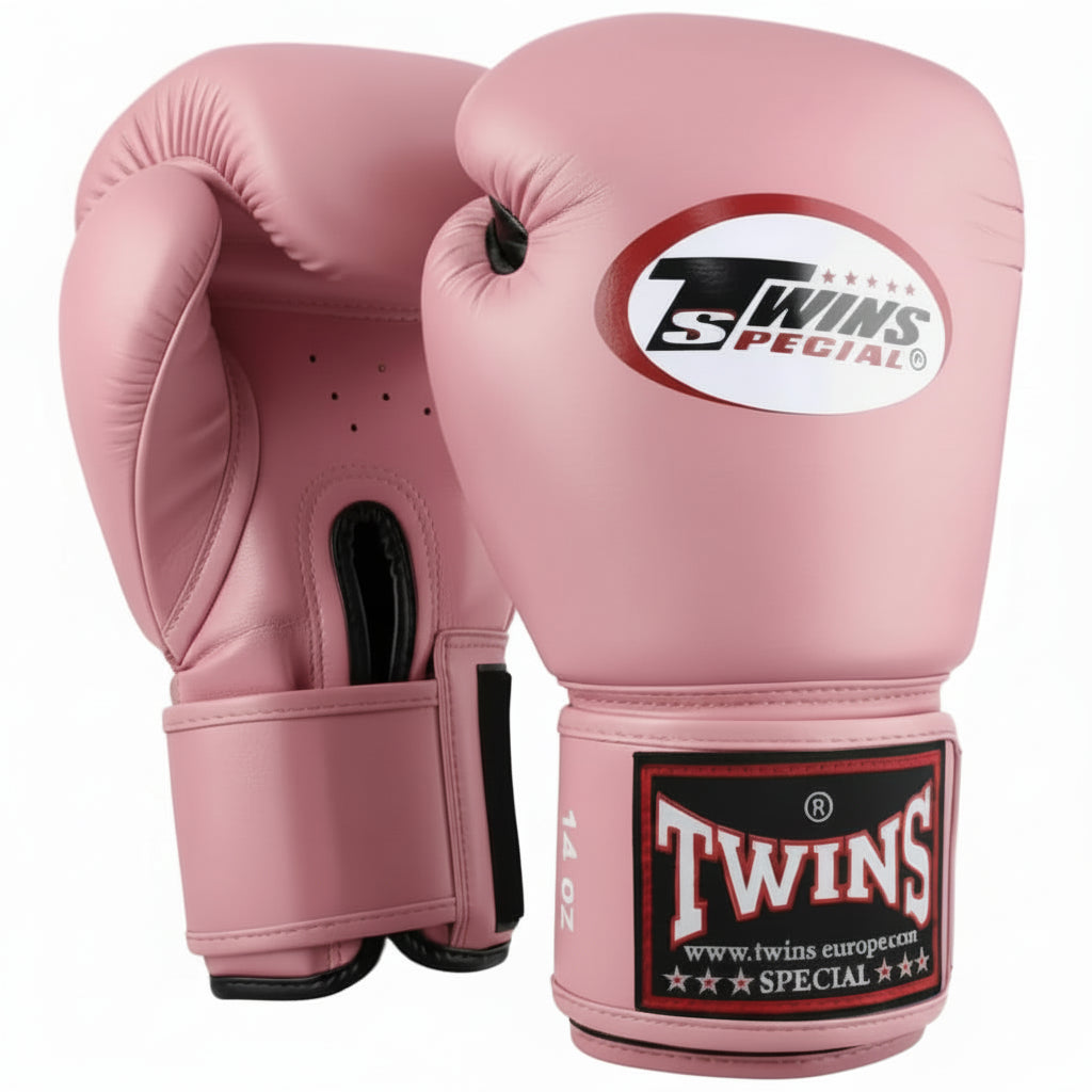 pink boxing gloves with Twins Special logo on a white background