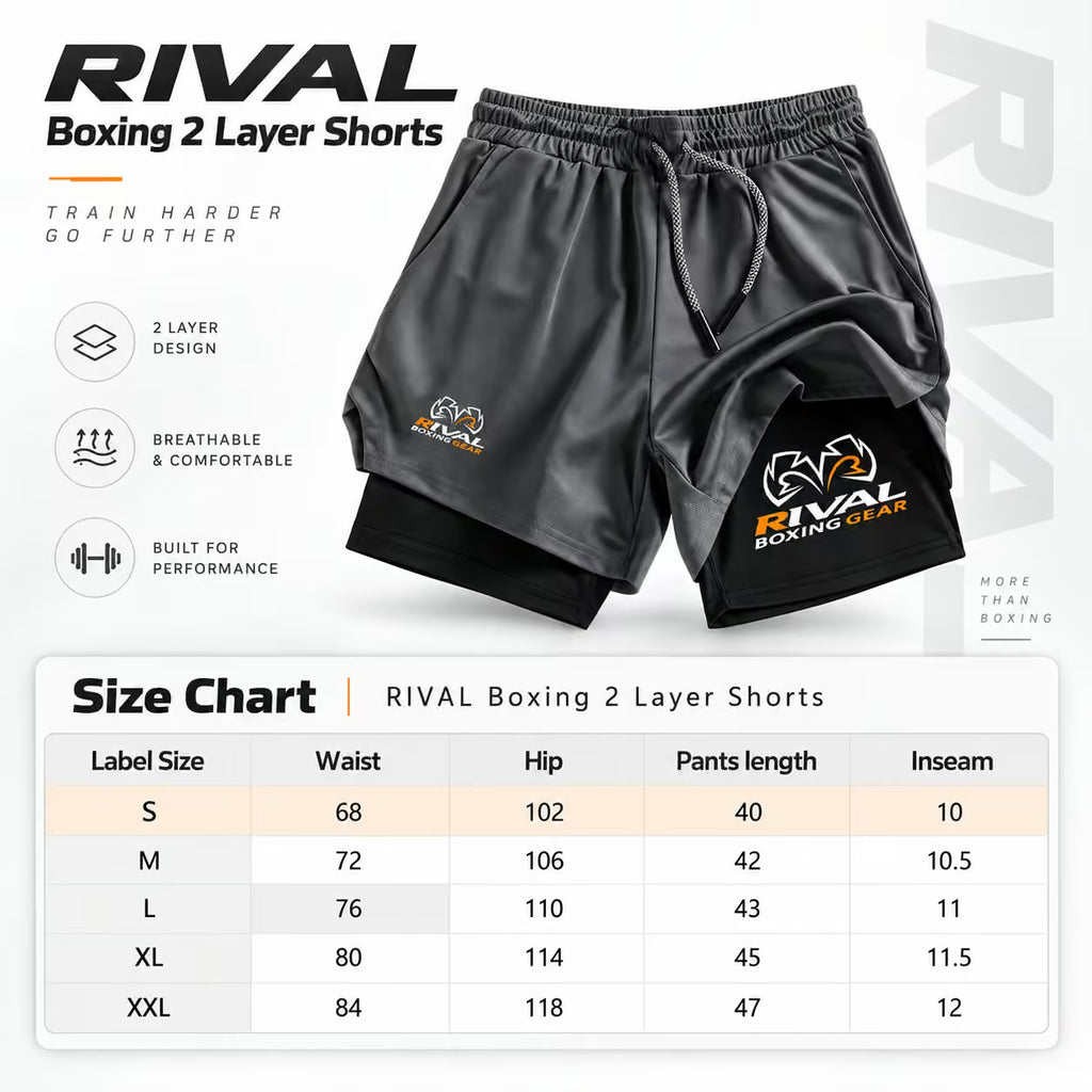 RIVAL 2-Layer Boxing Shorts with Compression Inner & Groin Cup Support