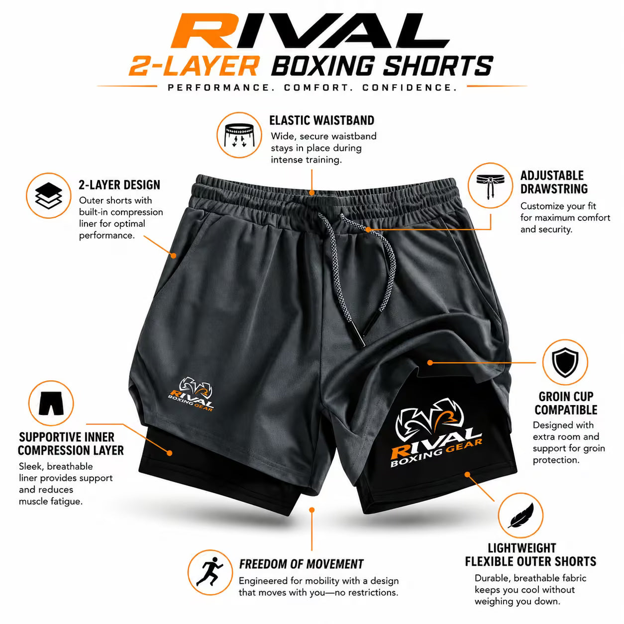 RIVAL 2-Layer Boxing Shorts with Compression Inner & Groin Cup Support