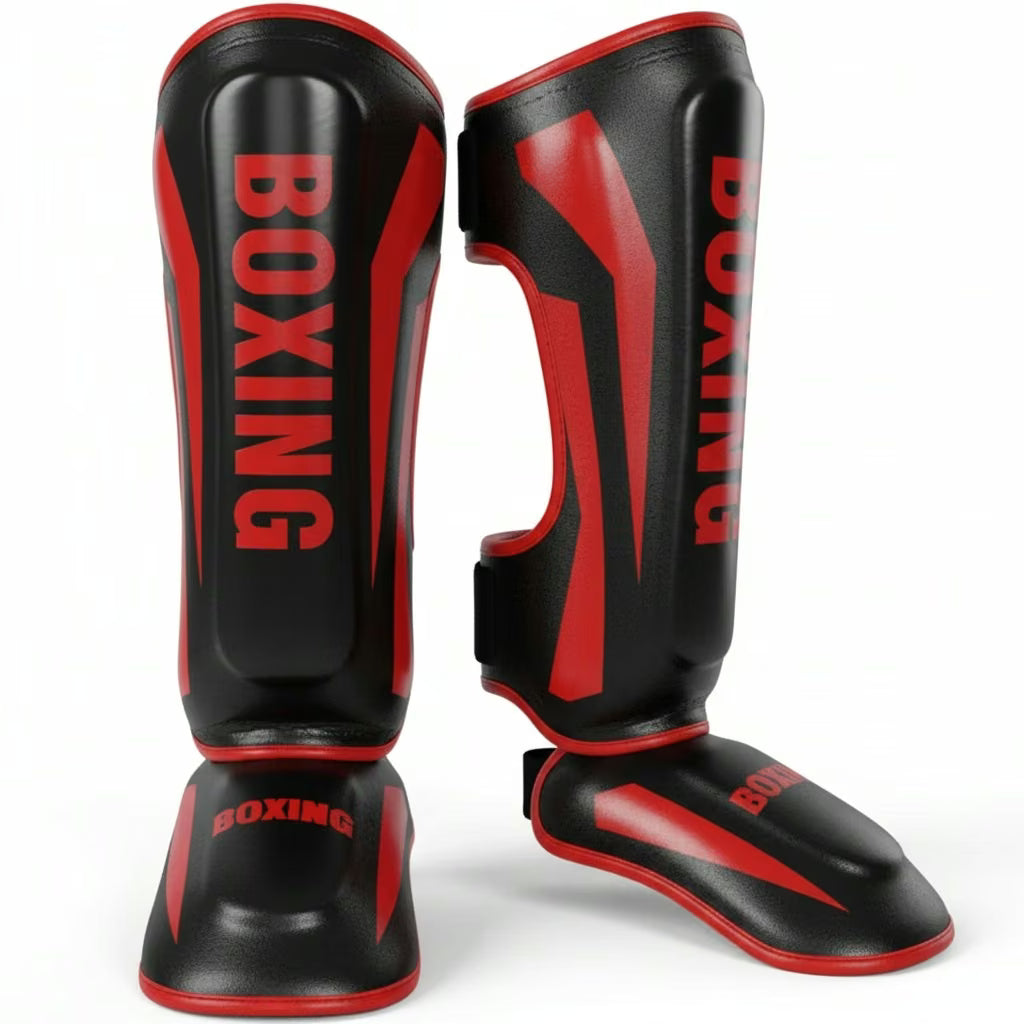 Black and red boxing shin guards on a white background
