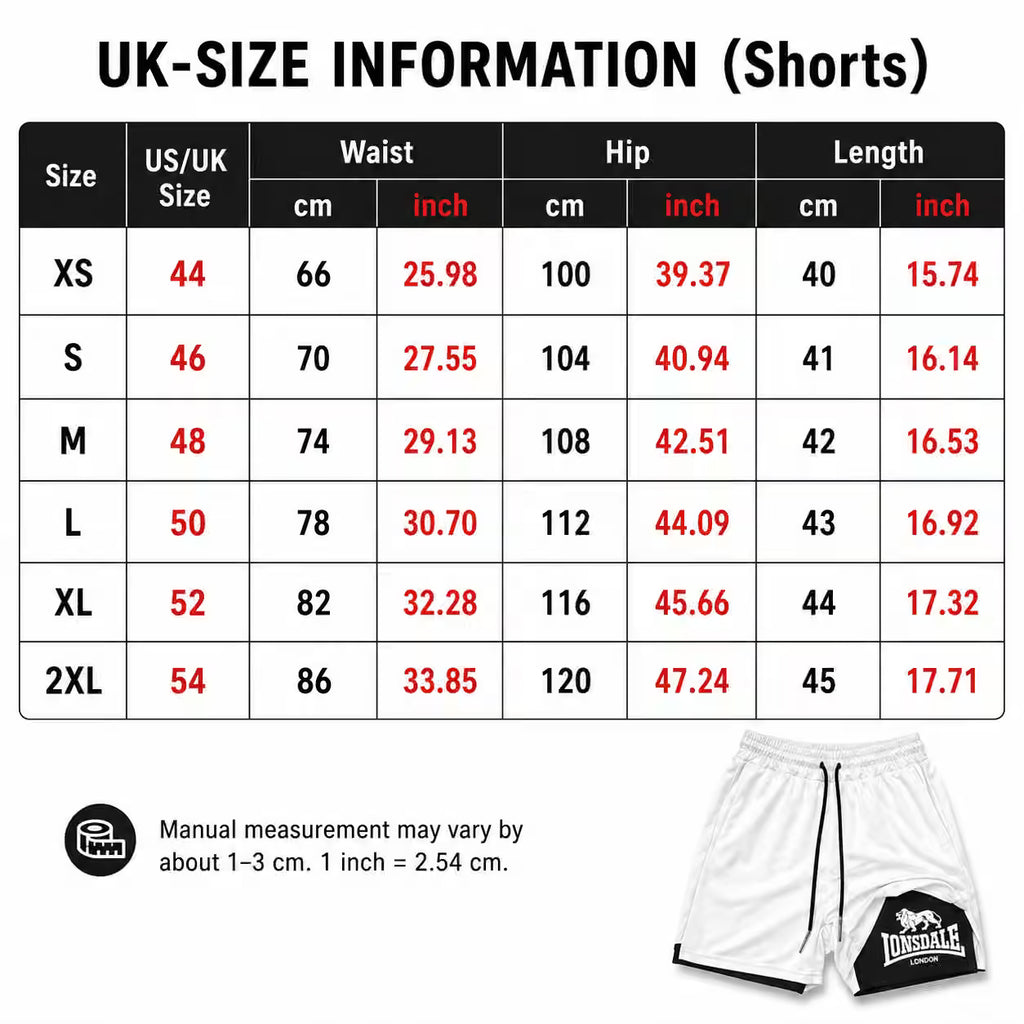 UK size information chart for shorts showing a size table from XS to 2XL with waist, hip, and length measurements in cm and inches, plus a small inset photo of white shorts at the bottom right.
