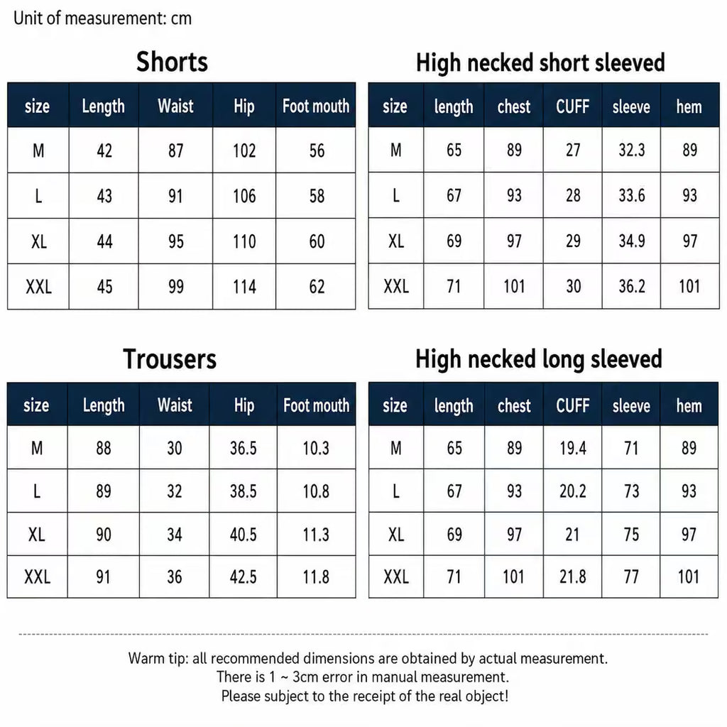 A size measurement chart showing dimensions in centimeters for shorts and trousers, including tables for sizes M through XXL with length, waist, hip, foot, and cuff measurements.