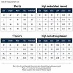 A size measurement chart showing dimensions in centimeters for shorts and trousers, including tables for sizes M through XXL with length, waist, hip, foot, and cuff measurements.