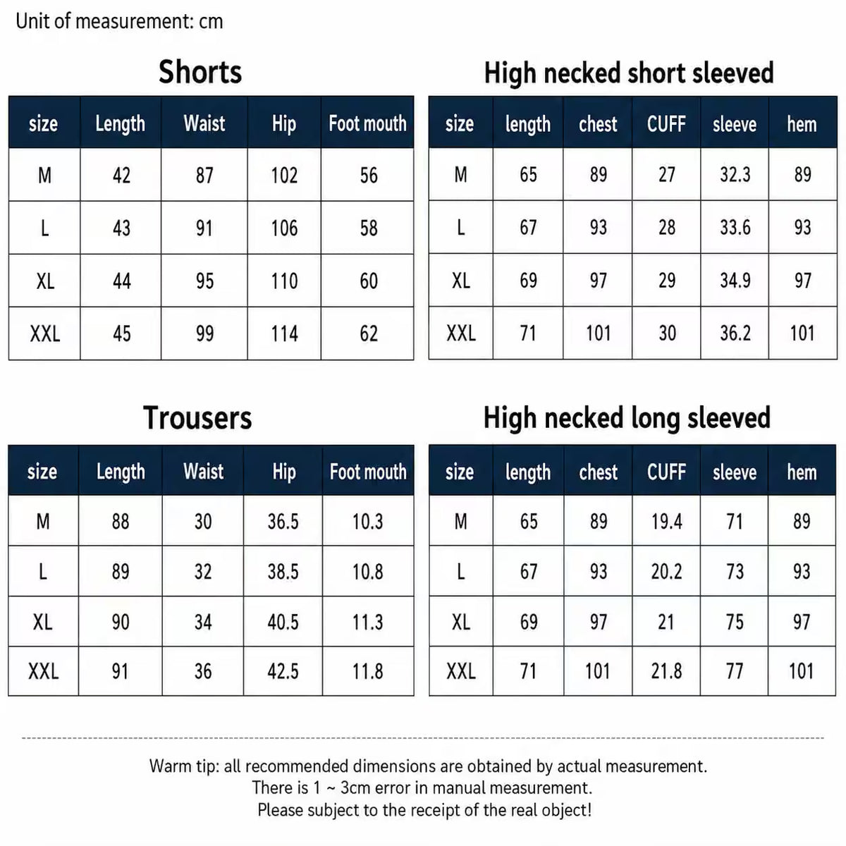 A size measurement chart showing dimensions in centimeters for shorts and trousers, including tables for sizes M through XXL with length, waist, hip, foot, and cuff measurements.
