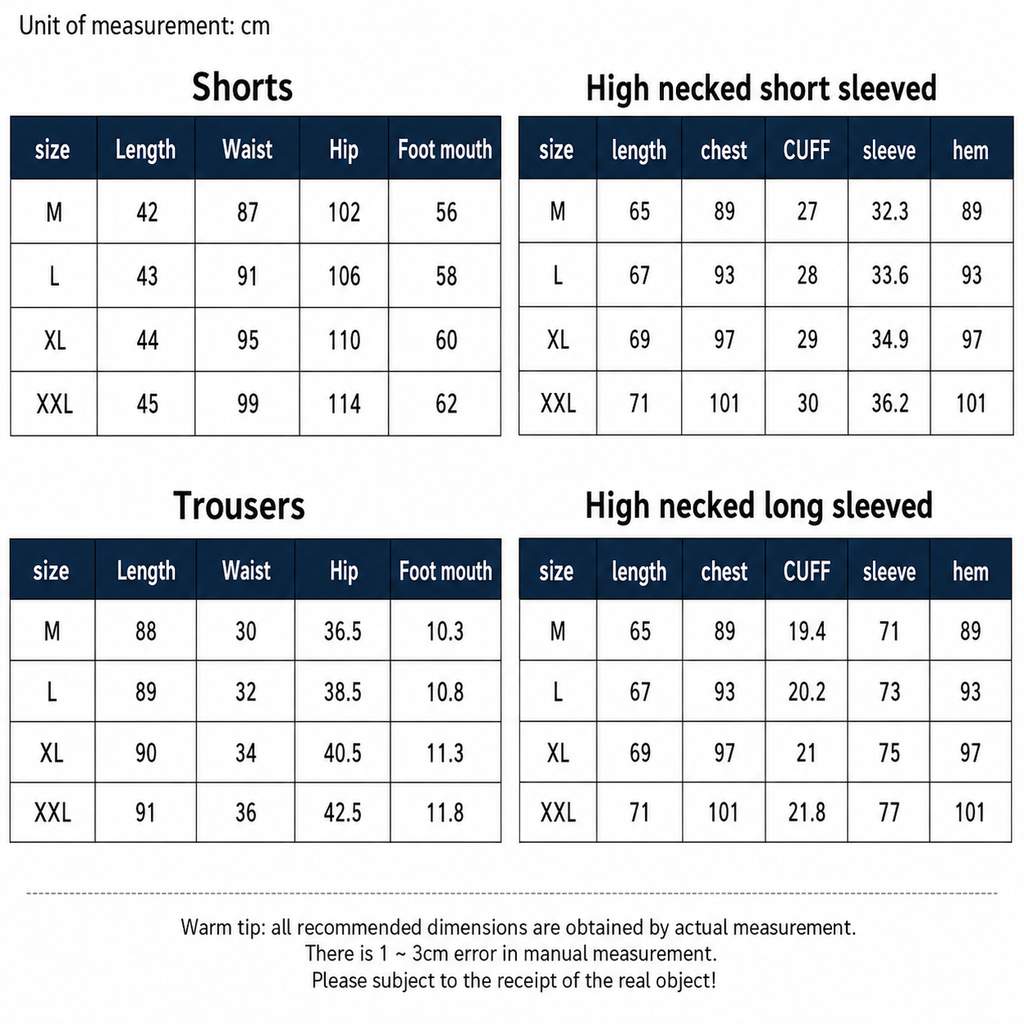 A size measurement chart showing dimensions for shorts and trousers in centimeters, with tables for M, L, XL, and XXL sizes and headings for short, high neck short sleeved, trousers, and high neck long sleeved.
