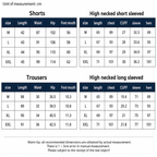 A size measurement chart showing dimensions for shorts and trousers in centimeters, with tables for M, L, XL, and XXL sizes and headings for short, high neck short sleeved, trousers, and high neck long sleeved.