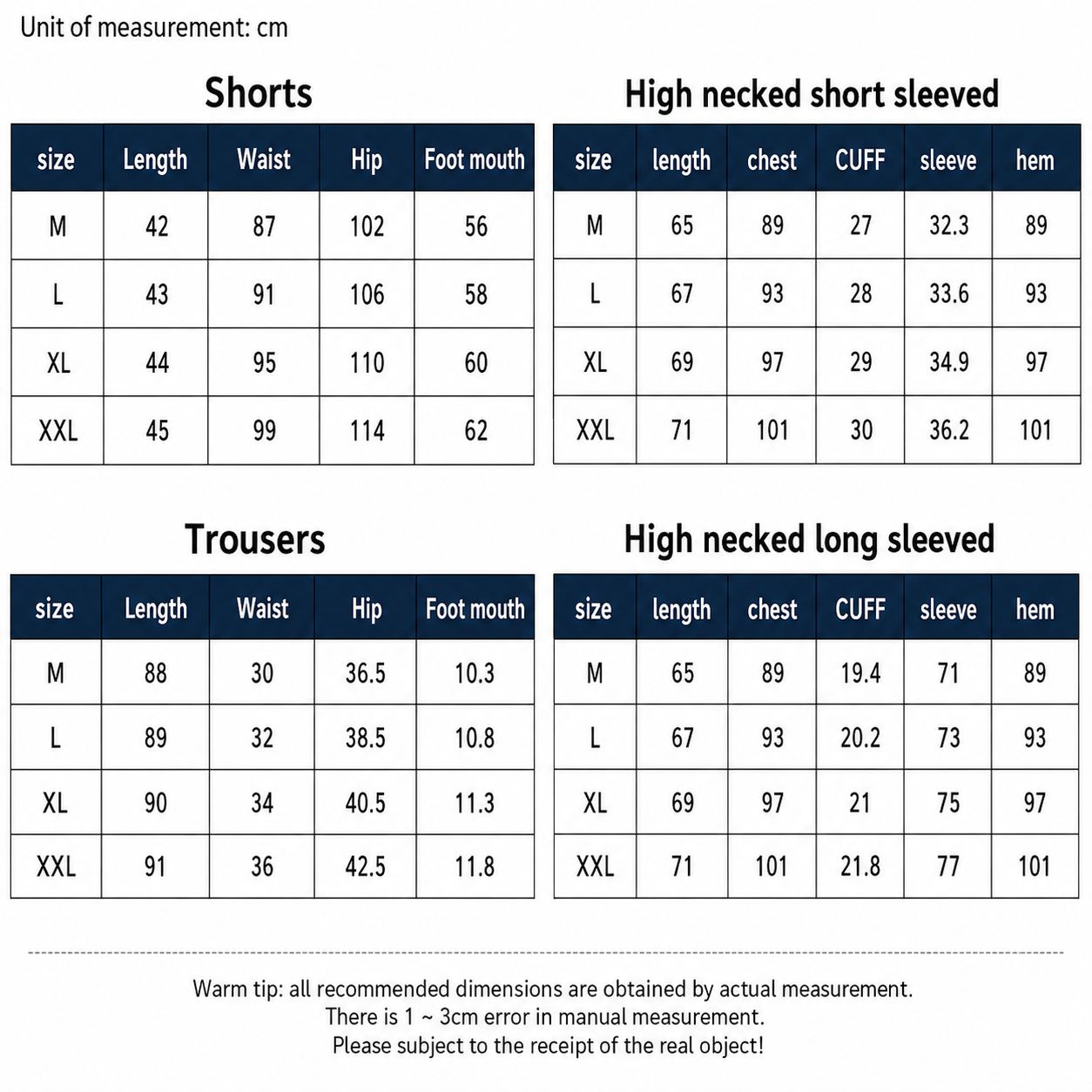 A size measurement chart showing dimensions for shorts and trousers in centimeters, with tables for M, L, XL, and XXL sizes and headings for short, high neck short sleeved, trousers, and high neck long sleeved.