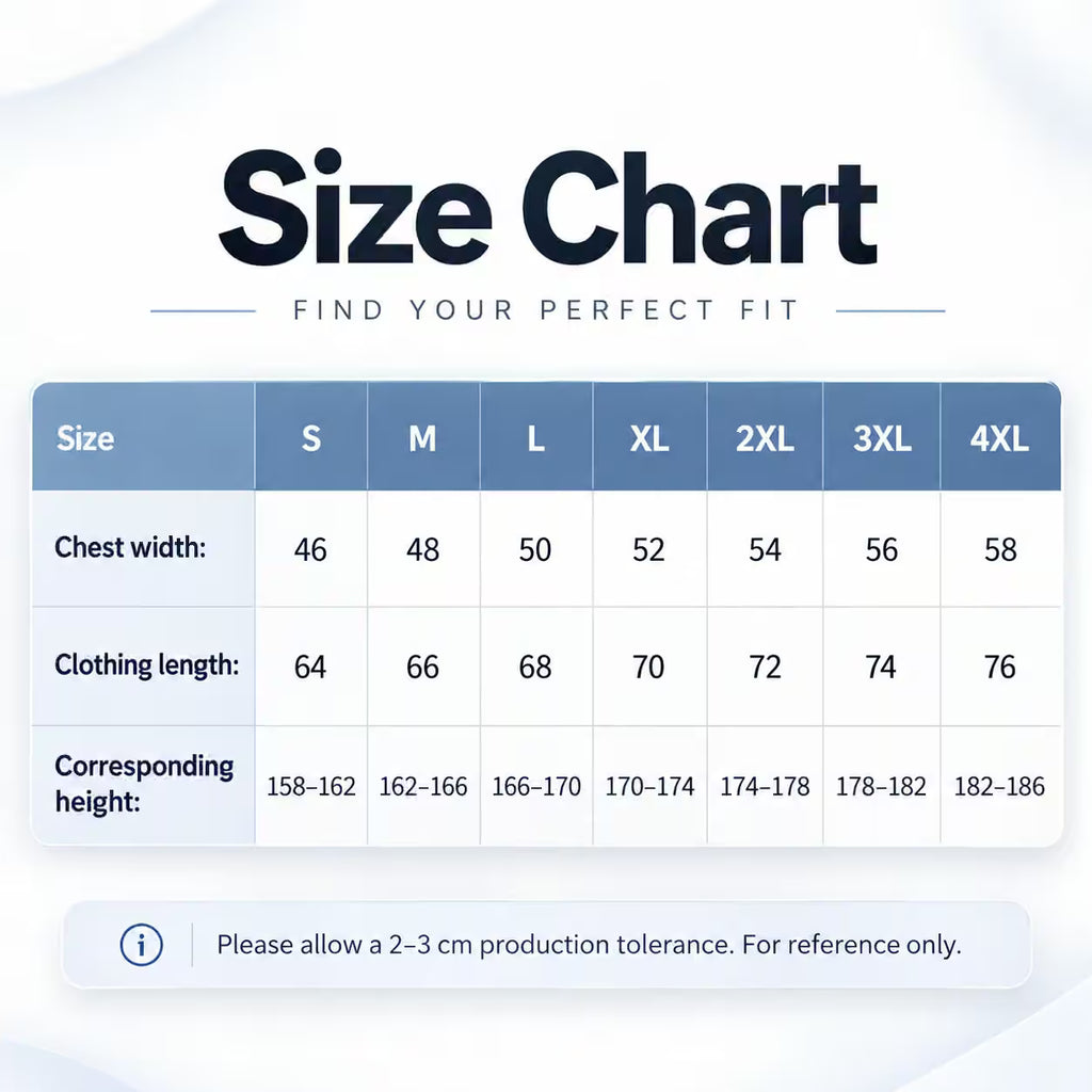 A size chart graphic with a table showing measurements for S, M, L, XL, 2XL, 3XL, and 4XL sizes. The chart includes chest width, clothing length, and corresponding height in centimeters and inches.
