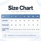 A size chart graphic with a table showing measurements for S, M, L, XL, 2XL, 3XL, and 4XL sizes. The chart includes chest width, clothing length, and corresponding height in centimeters and inches.