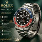 A Rolex-inspired smart watch with a stainless steel bracelet, black dial, and red and blue bezel, shown on a dark green textured surface with promotional text and Rolex branding.