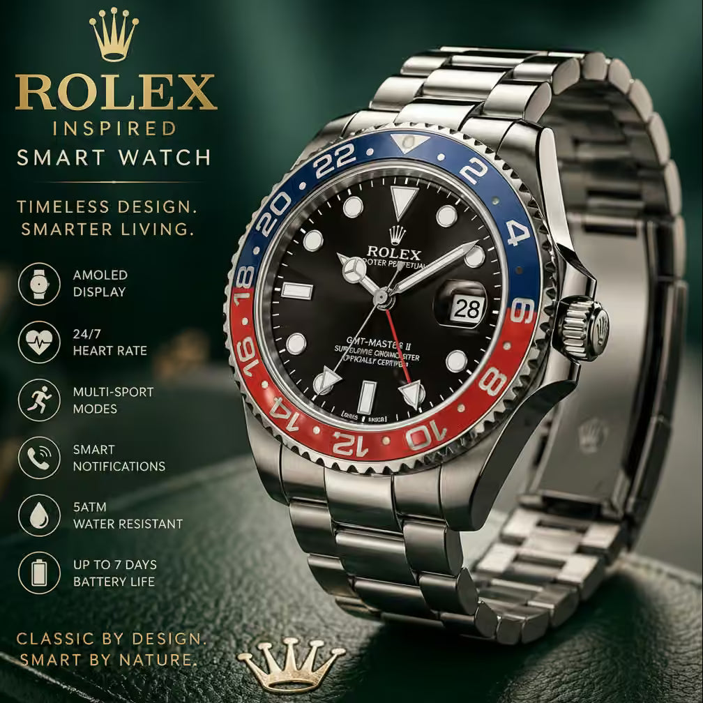 A Rolex-inspired smart watch with a stainless steel bracelet, black dial, and red and blue bezel, shown on a dark green textured surface with promotional text and Rolex branding.