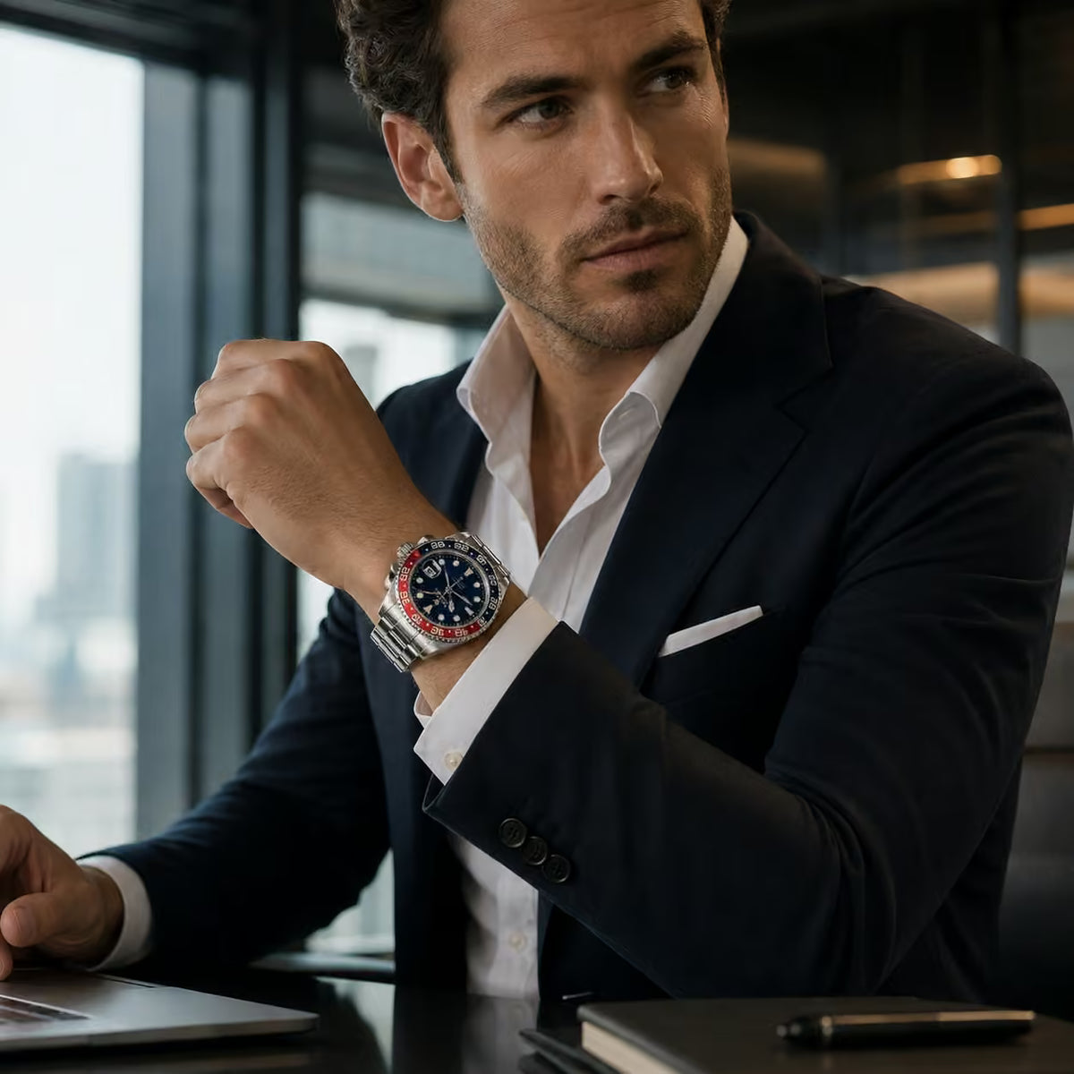 A man in a navy blazer and white dress shirt wearing a luxury watch with a silver-toned metal bracelet, blue dial, and red and black bezel, sitting in a modern office environment.
