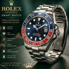 A Rolex-inspired smart watch with a stainless steel bracelet and a blue dial, featuring a red and blue ceramic bezel. The image includes promotional text on the left highlighting features like AMOLED display, 24/7 heart rate monitoring, and smart notifications.
