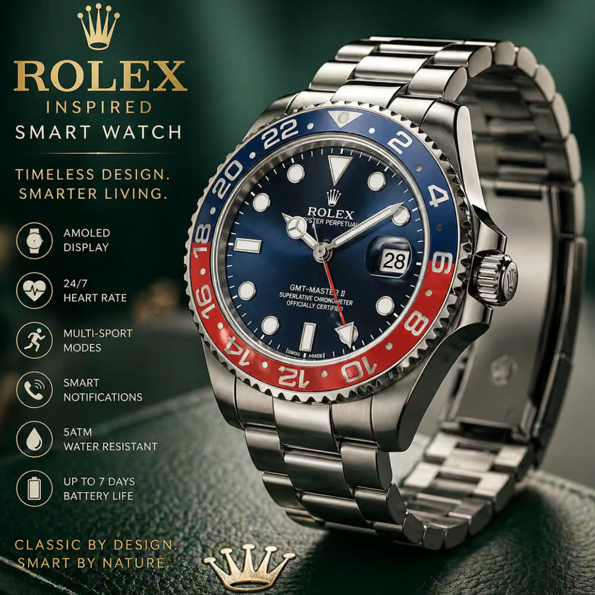 A Rolex-inspired smart watch with a stainless steel bracelet and a blue dial, featuring a red and blue ceramic bezel. The image includes promotional text on the left highlighting features like AMOLED display, 24/7 heart rate monitoring, and smart notifications.