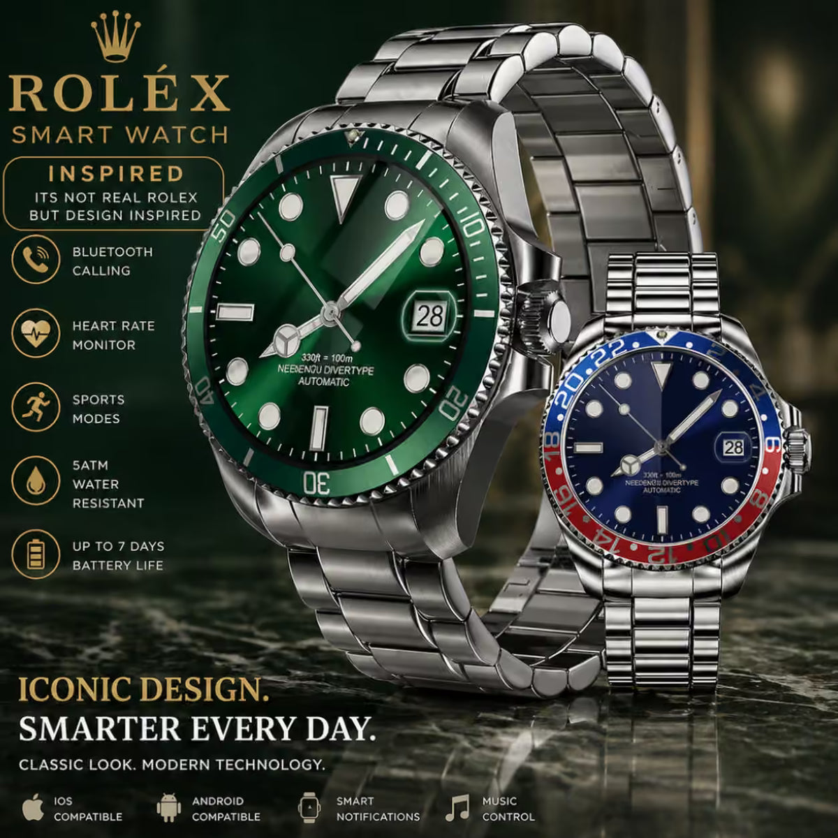 Two Rolex Smart Watch stainless steel wristwatches displayed together on a dark reflective surface with promotional text on the left. The larger watch has a green dial and bezel, and the smaller watch has a blue and red dial and bezel.
