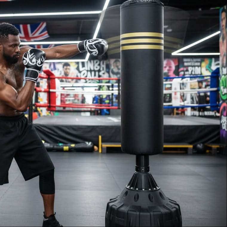 Boxer training with a punching bag in a boxing ring.