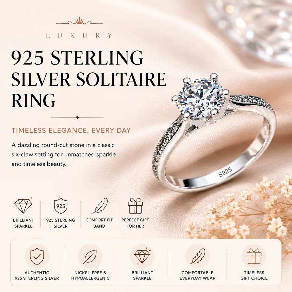 A luxury 925 sterling silver solitaire ring with a round brilliant-cut gemstone in a six-claw setting, presented on a soft beige satin background with decorative text and feature icons.