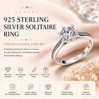 A luxury 925 sterling silver solitaire ring with a round brilliant-cut gemstone in a six-claw setting, presented on a soft beige satin background with decorative text and feature icons.