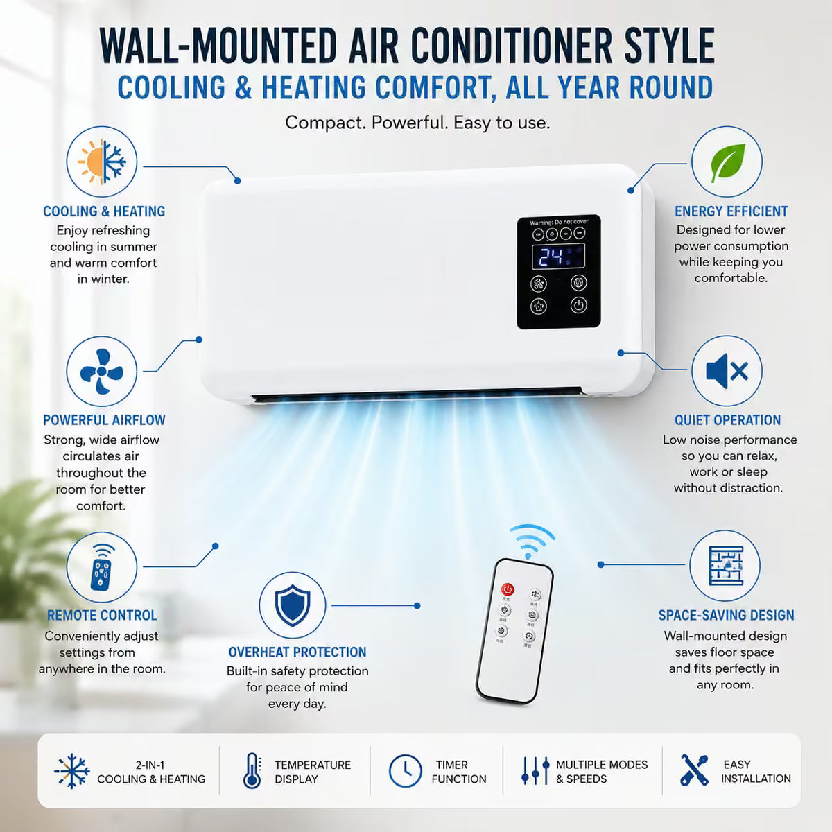 Wall-Mounted Air Cooler-Heater | Air Conditioner-Cooling Fan Heater with Remote Control