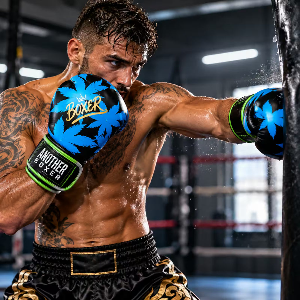 A shirtless male boxer in a gym wearing black and blue gloves with a blue leaf design and green trim, punching a heavy bag. The gloves show the brands 'The Boxer' and 'Another Boxer'.