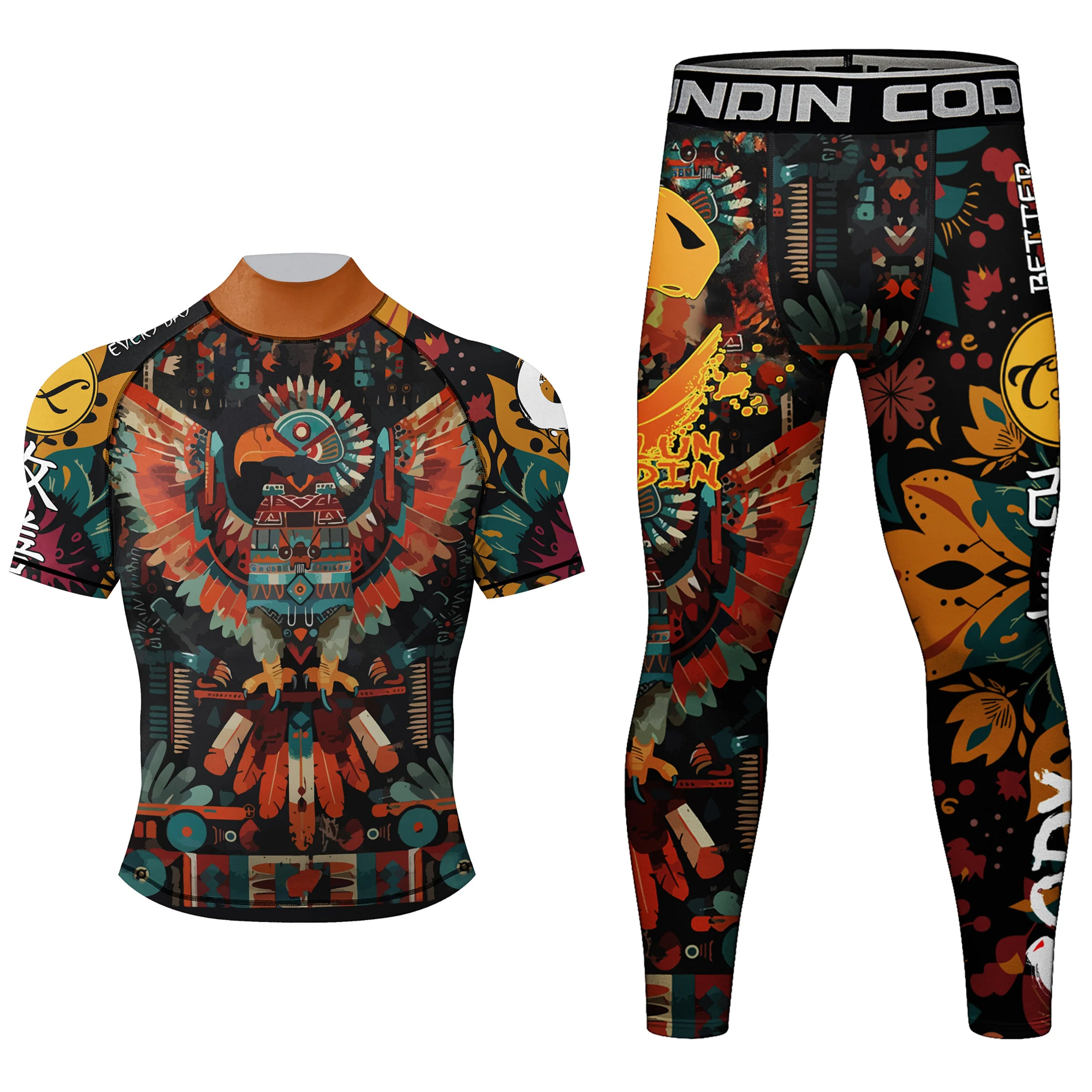 Colorful athletic outfit with eagle design on a white background