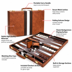 Brown leather backgammon set shown open on a white background with callout labels pointing to features such as the portable carry handle, metal latches, folding suitcase design, playing surface, dice cups, storage sections, checkers, and included dice.