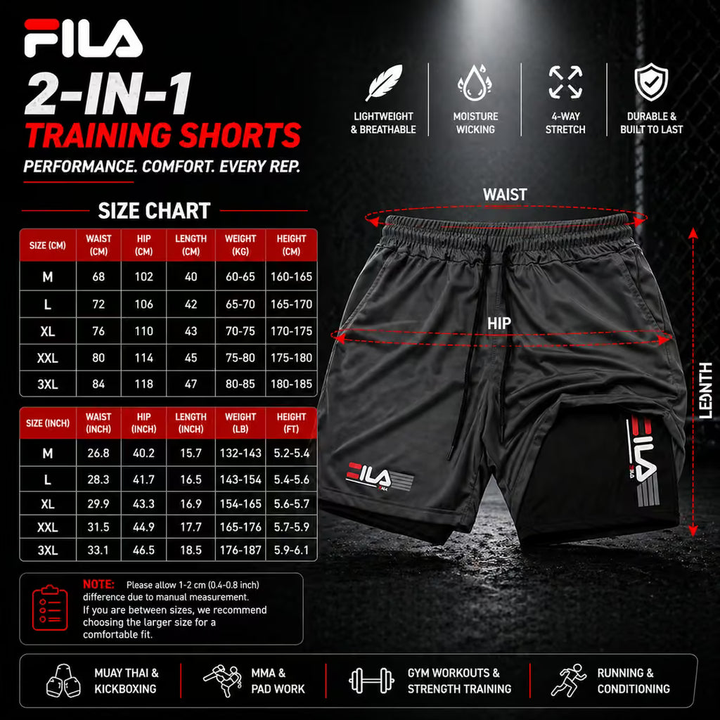 FILA 2-in-1 training shorts size chart and product display on a dark textured background. The image includes a size chart table from M to 3XL with waist, hip, length, weight, and height measurements, plus a black pair of shorts with FILA branding and red measurement annotations for waist, hip, and length.
