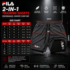 FILA 2-in-1 training shorts size chart and product display on a dark textured background. The image includes a size chart table from M to 3XL with waist, hip, length, weight, and height measurements, plus a black pair of shorts with FILA branding and red measurement annotations for waist, hip, and length.