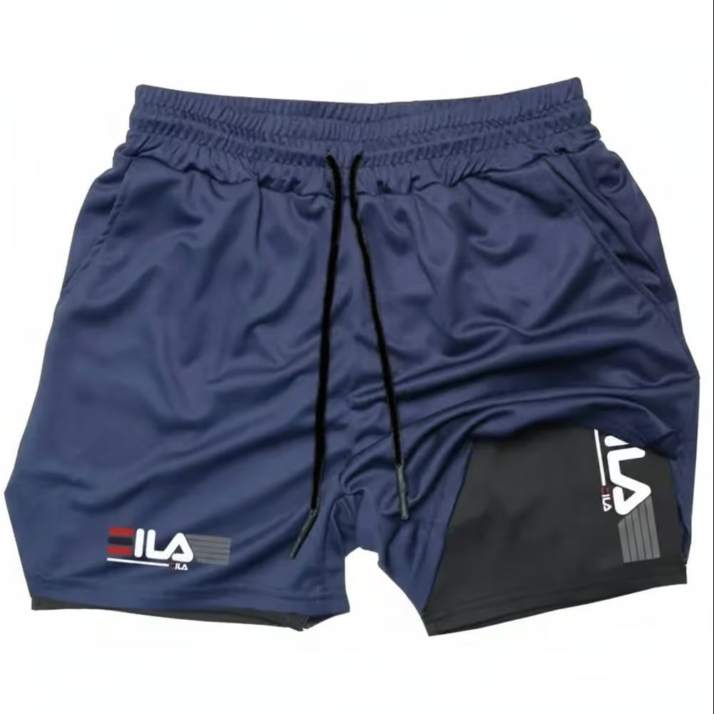 Blue athletic shorts with black drawstring on a white background