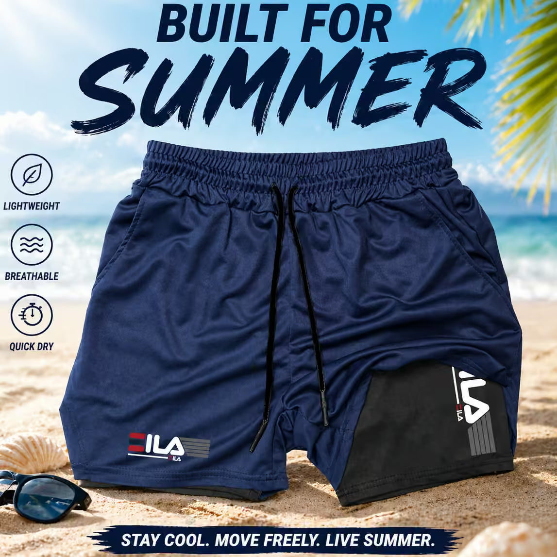 Navy blue shorts with FILA logo on a beach background, featuring text 'Built for Summer'.