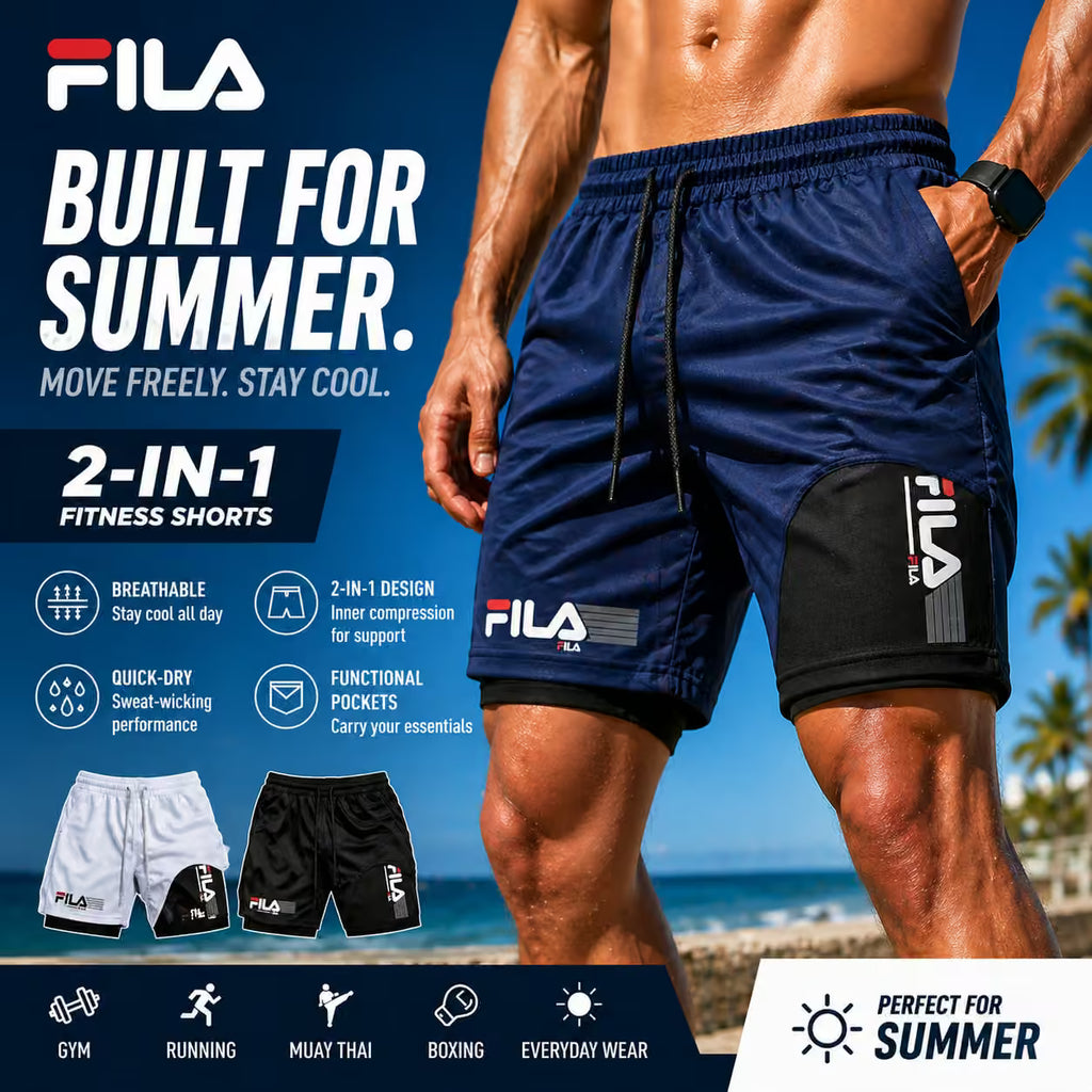 FILA 2-in-1 fitness shorts with beach background and promotional text.