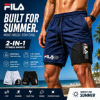 FILA 2-in-1 fitness shorts with beach background and promotional text.