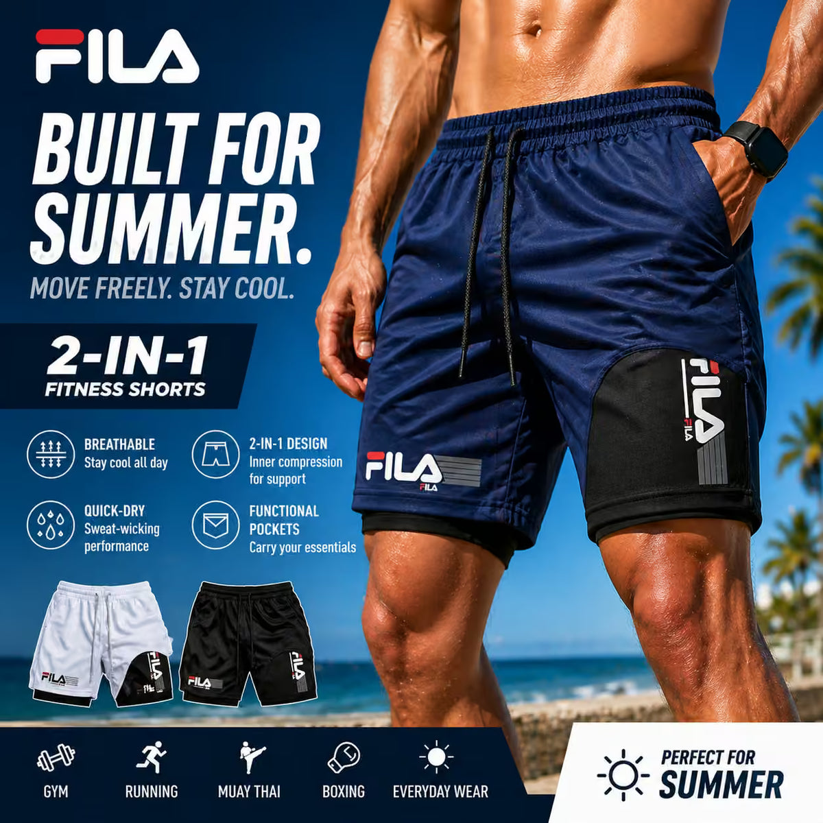 FILA 2-in-1 fitness shorts with beach background and promotional text.