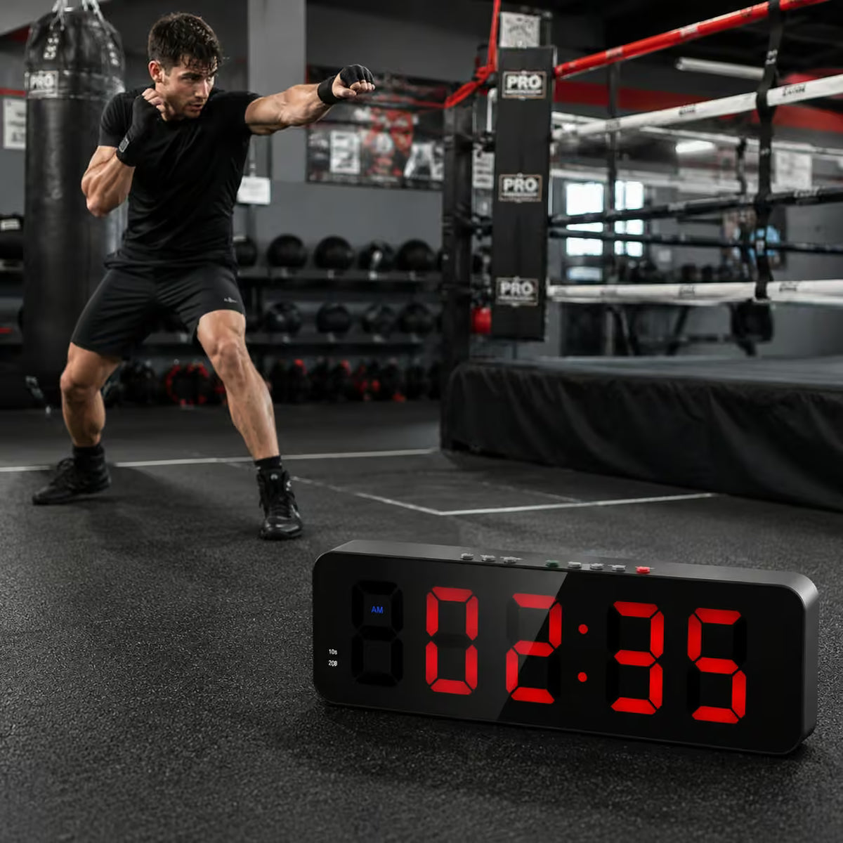 A black digital boxing timer with bright red LED numbers in the foreground, set in a boxing gym with a boxer in the background near a boxing ring.