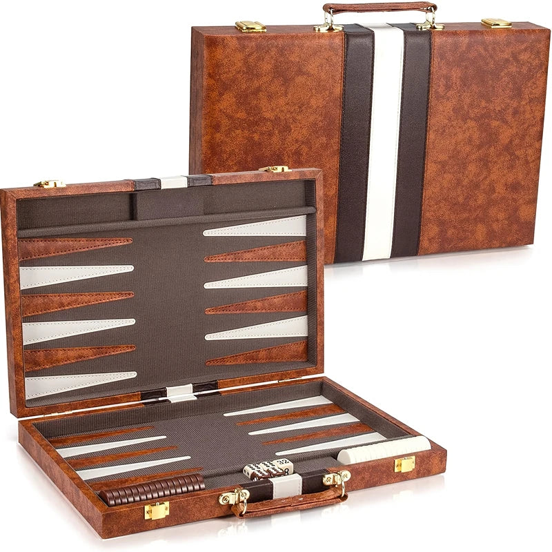 Brown backgammon set with open case on a white background