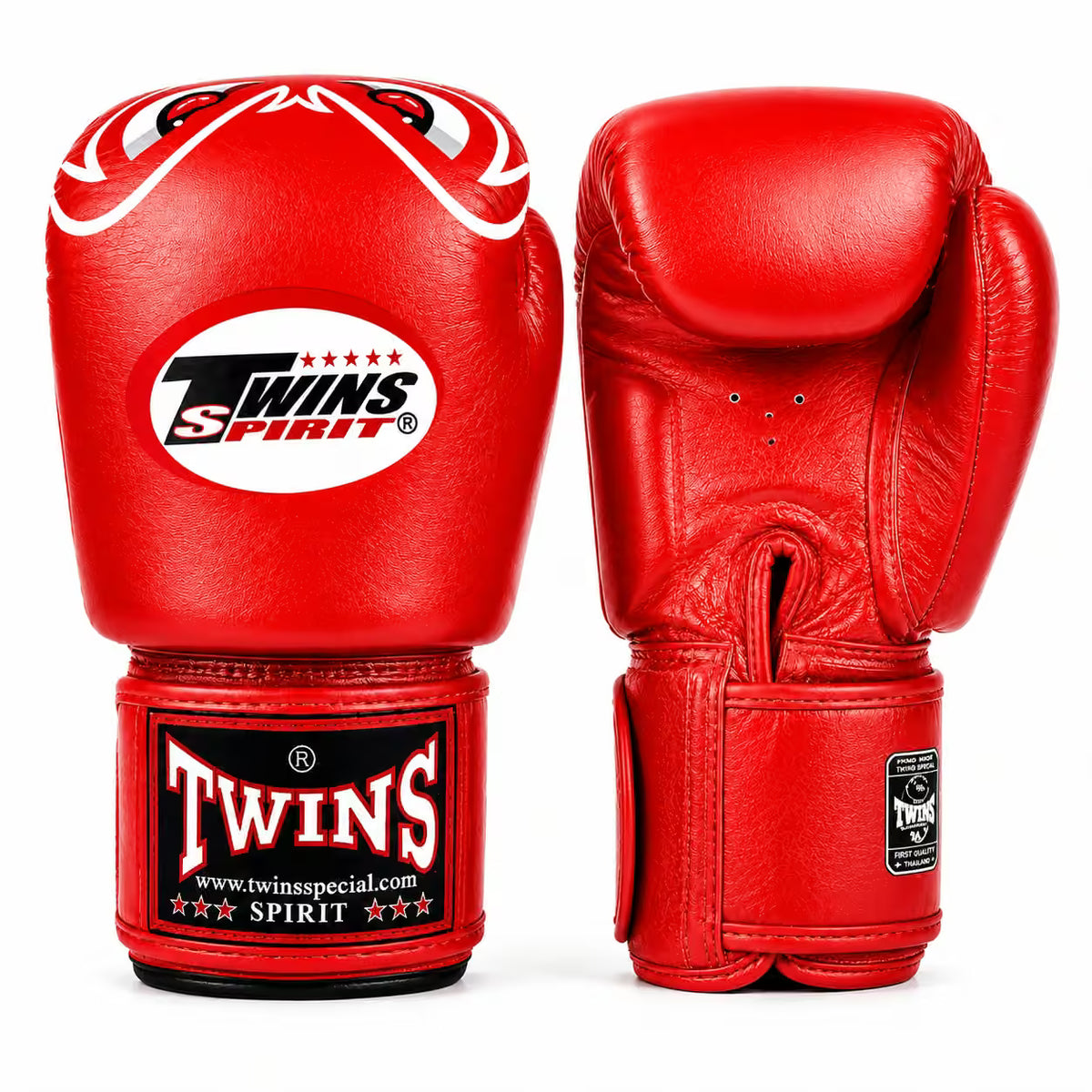 Red boxing gloves with Twins Spirit logo on a white background