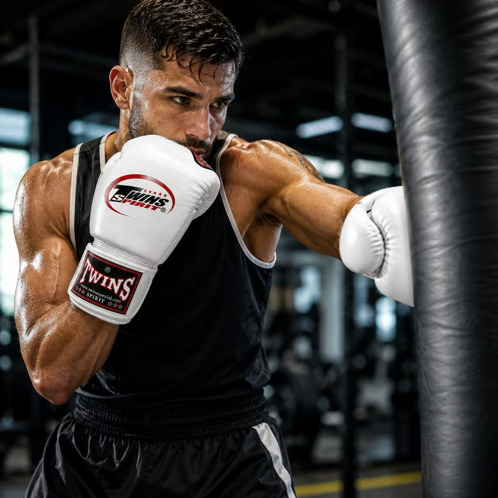 A male boxer in a black tank top and shorts throws a punch against a black heavy bag in a gym, wearing Twins brand white boxing gloves.