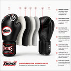 A black Twins Sports boxing glove shown on a white background with numbered callouts pointing to its layered construction and features, plus text describing premium leather, high-density foam, EVA foam layer, multi-layer padding, soft inner lining, ventilated palm, and wide wrist support.