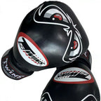 A pair of black boxing gloves with white and red graphics, including the brand name 'Twin Star' and a stylized eye logo, set against a plain white background.