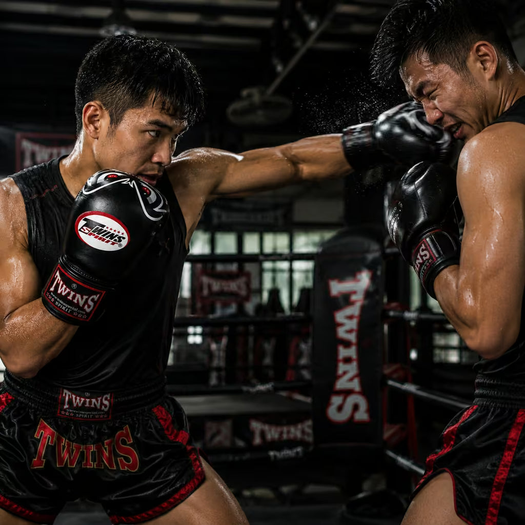 Two male boxers in a training ring wearing Twins boxing gear, with one boxer delivering a punch to the other in a dynamic action shot.