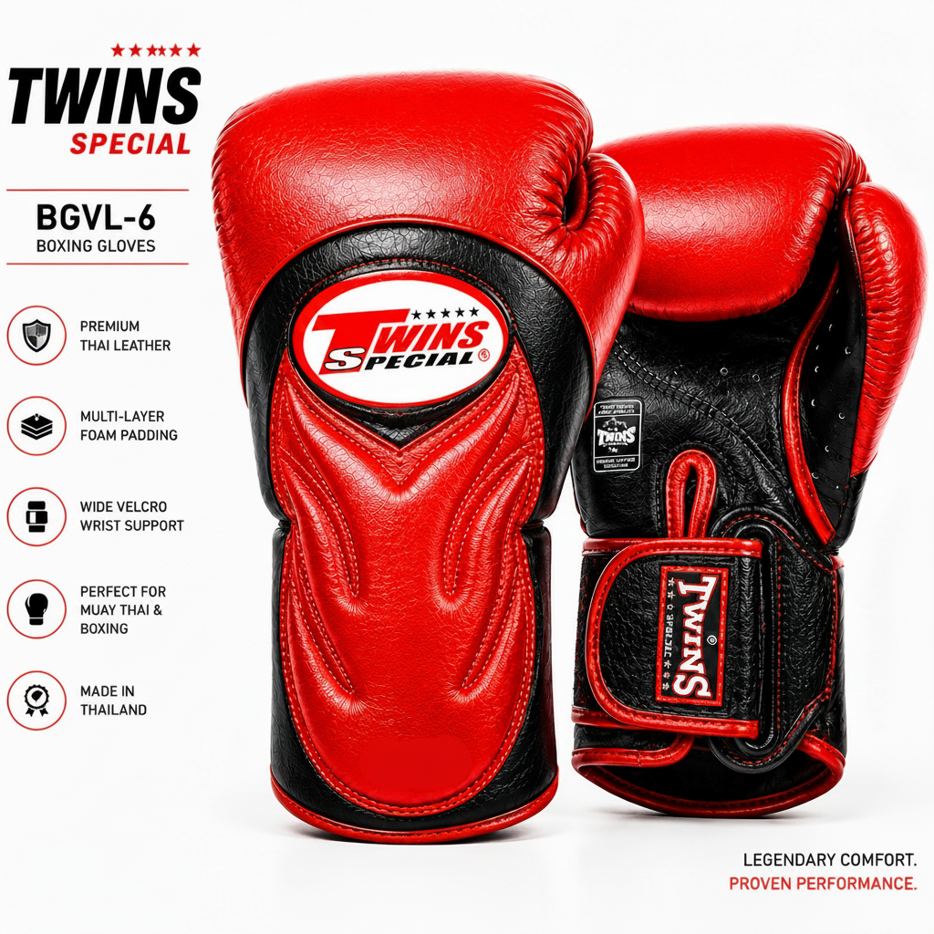 Red boxing gloves with Twins Special branding on a white background