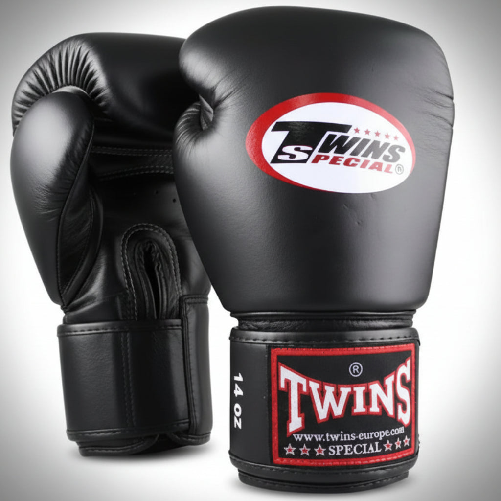 Black boxing gloves with Twins Special logo on a white background