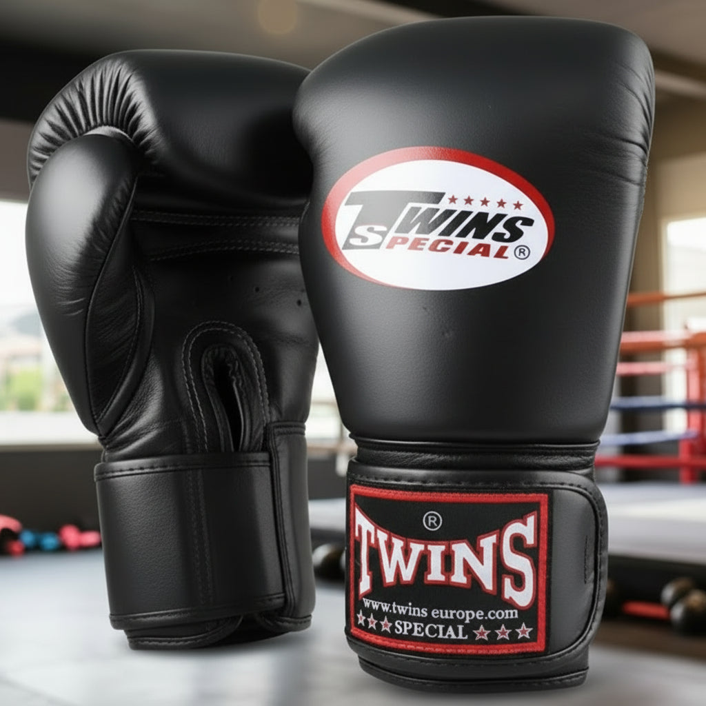 Black boxing gloves with Twins Special logo on a white background