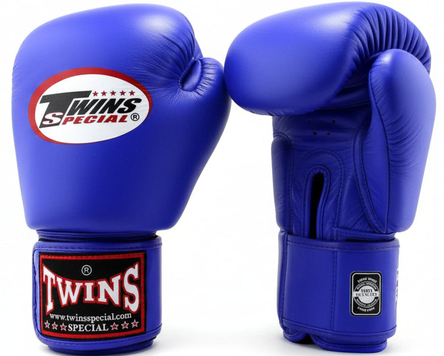 Blue boxing gloves with Twins Special logo on a white background