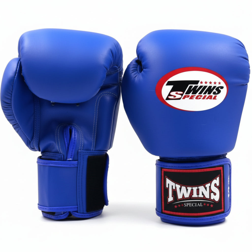 Blue boxing gloves with Twins Special logo on a white background