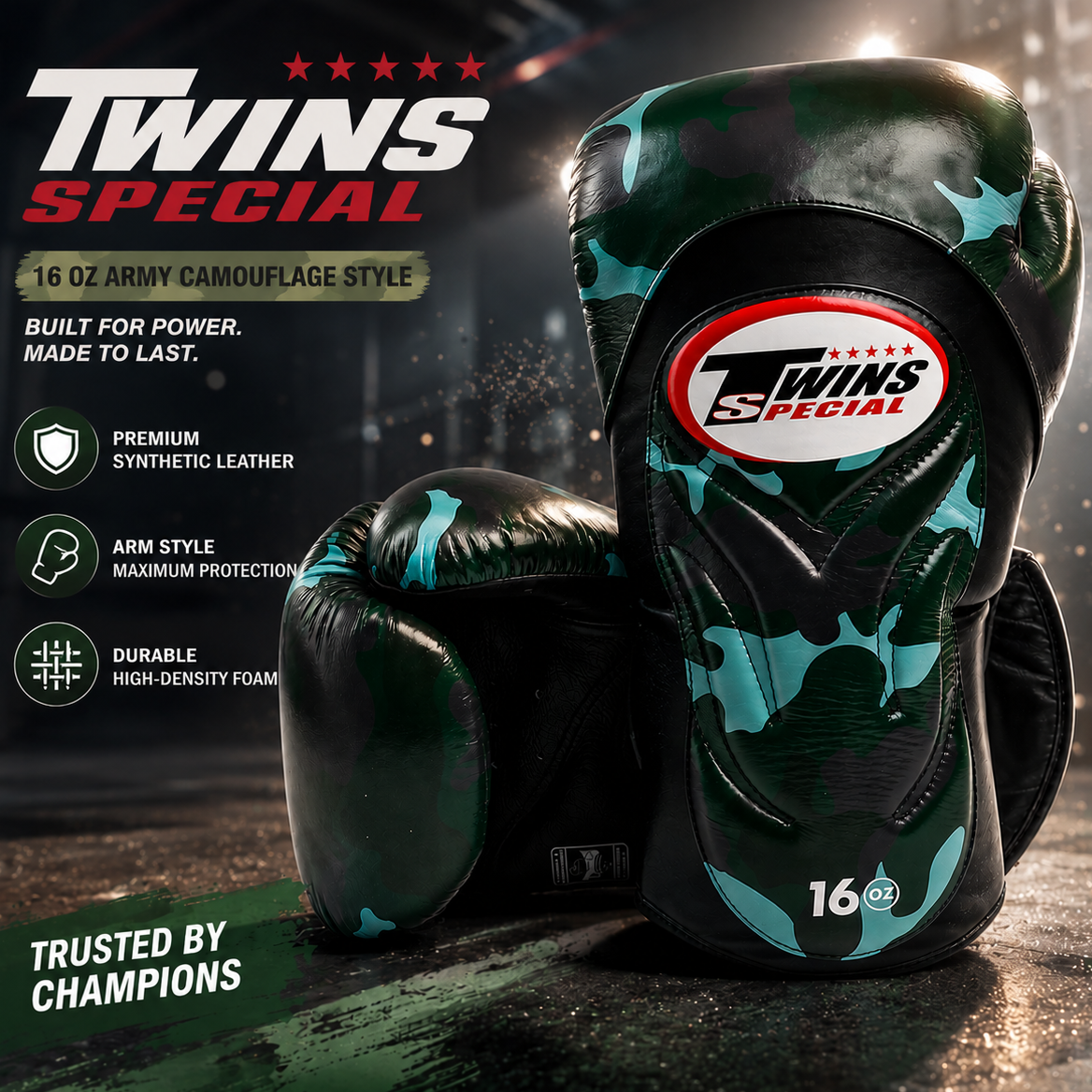 Twins Special boxing gloves with camouflage design on a dark background