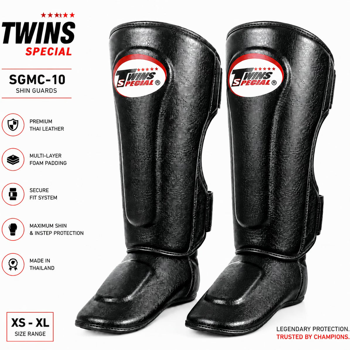 Black shin guards with Twins Special branding on a white background