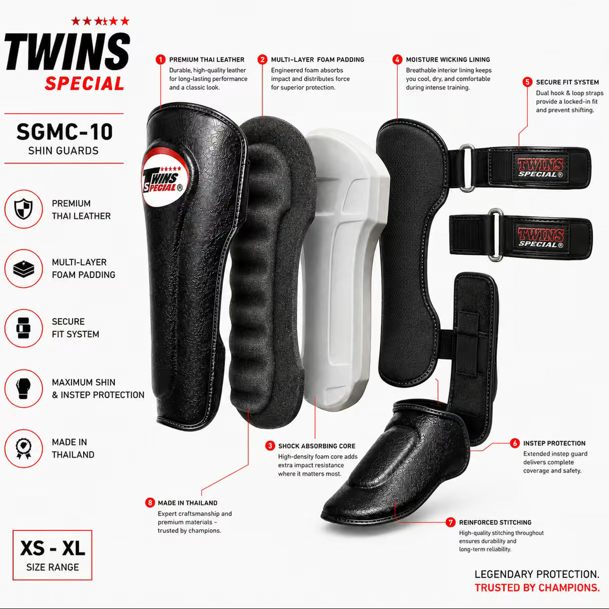 Shin guards with Twins Special branding and feature list on a white background